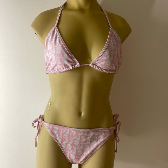 Christian Dior pink and white crystal embedded piece bikini